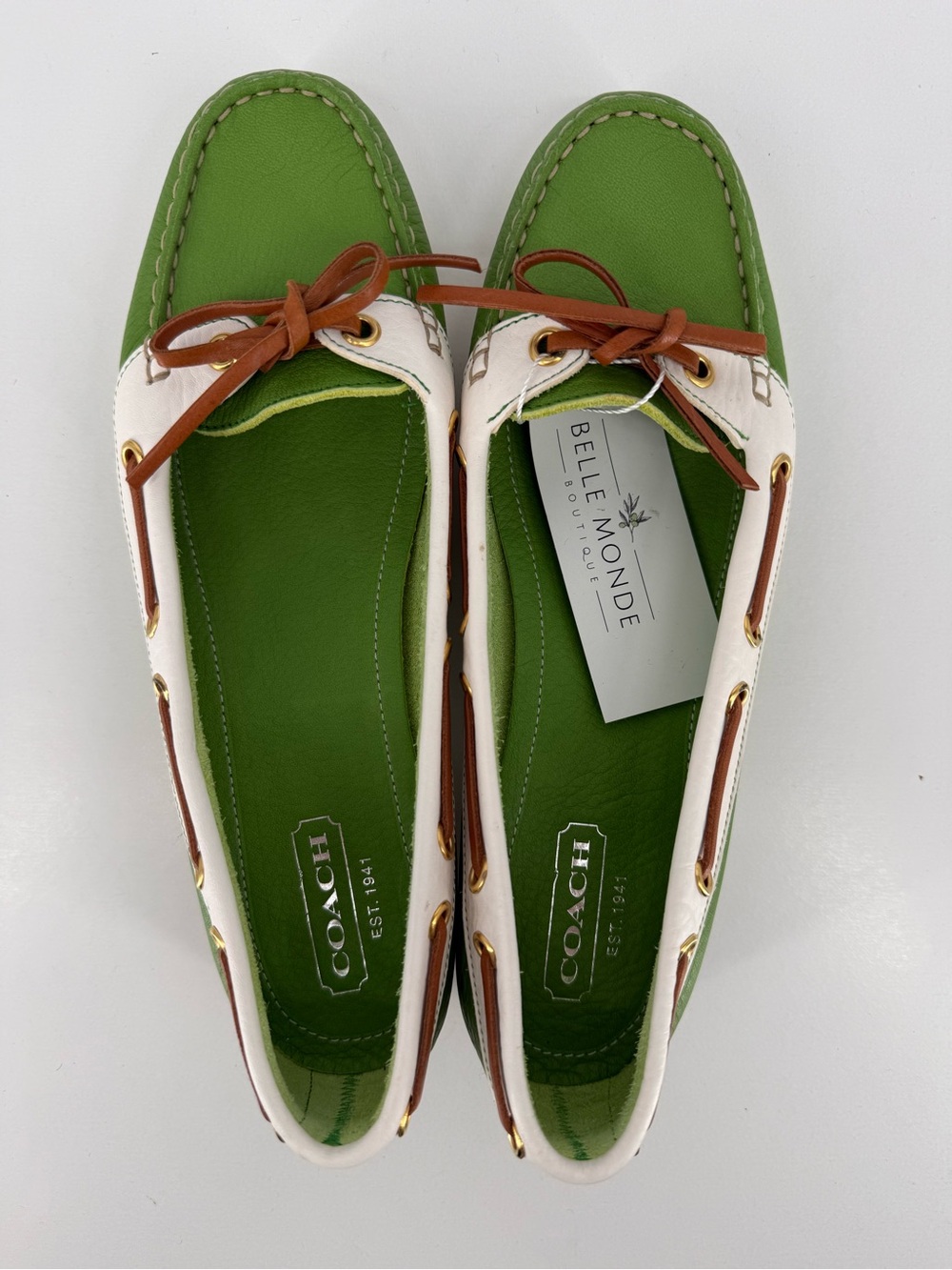 Coach Green and White Leather Boat Loafers with Tan Laces